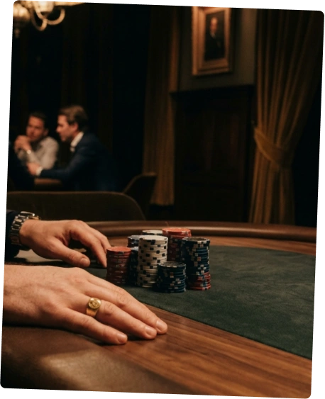 Dichtbij van een hand met een gouden ring die een stapel pokerfiches aanraakt op een pokertafel.