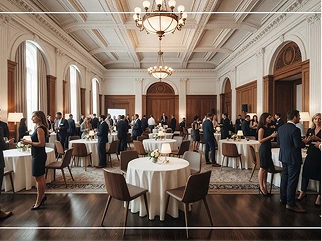 Elegante gasten die netwerken in een luxe balzaal met hoge plafonds, kroonluchters en ronde tafels.
