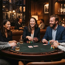 Een groep vrienden die lacht en samen pokert aan een ronde tafel in een sfeervolle lounge.