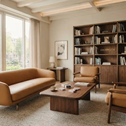 Een stijlvolle woonkamer met een cognac lederen bank, houten salontafel en een grote boekenkast.