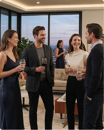 Een groep elegant geklede mensen die kletsen en een drankje drinken tijdens een cocktailparty in een luxe appartement met uitzicht op de stad.