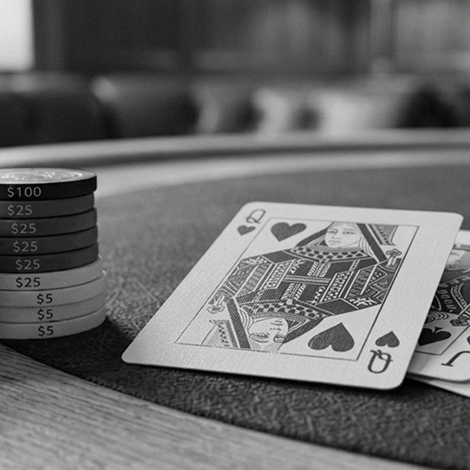 Een stapel casinofiches met dollarwaarden naast speelkaarten op een pokertafel met houten rand.